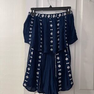 Navy Off-Shoulder Embroidered Romper - White Stitching